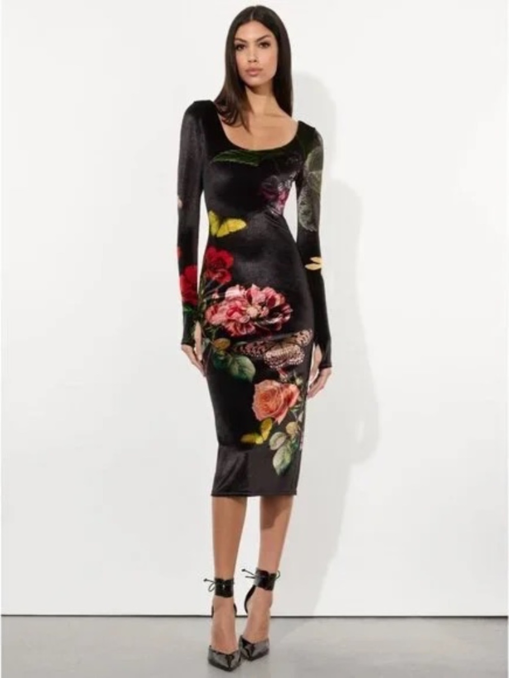 Alice + Olivia Delora Velvet Midi Dress In The Wind Floral size 8